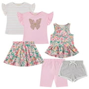 Girls 6-Pack Casual Outfit Bundle with Ruffle Sleeve Tees, Peplum Tank Top, Skirt, Dolphin and Biker Shorts